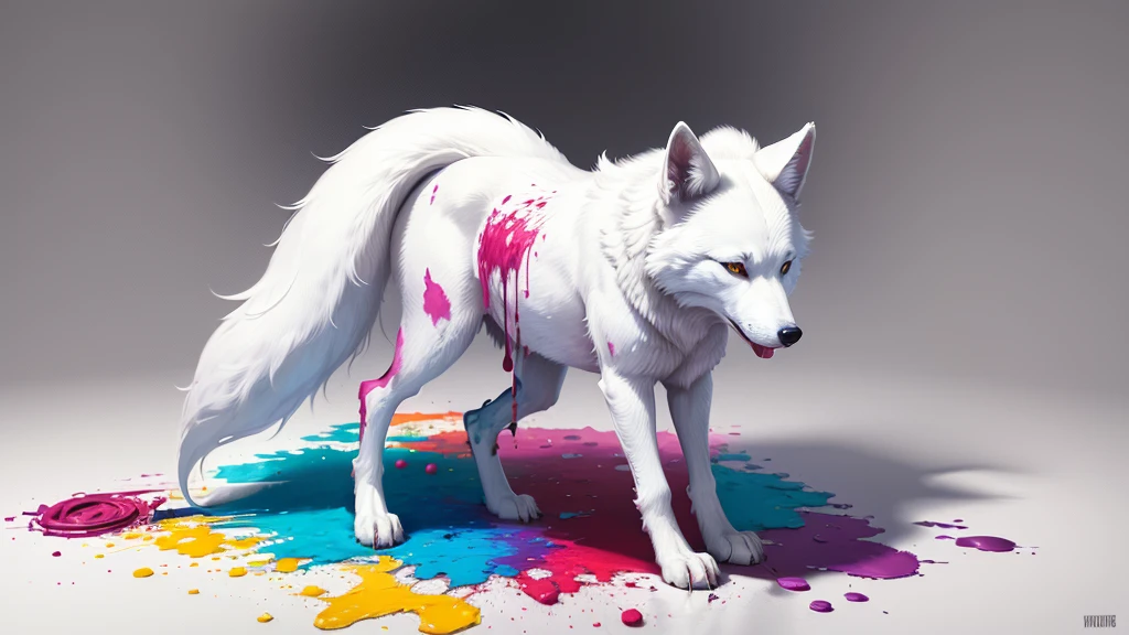 white furred wolf animal with four legs made of colorful paints, paints spilled all over and over it