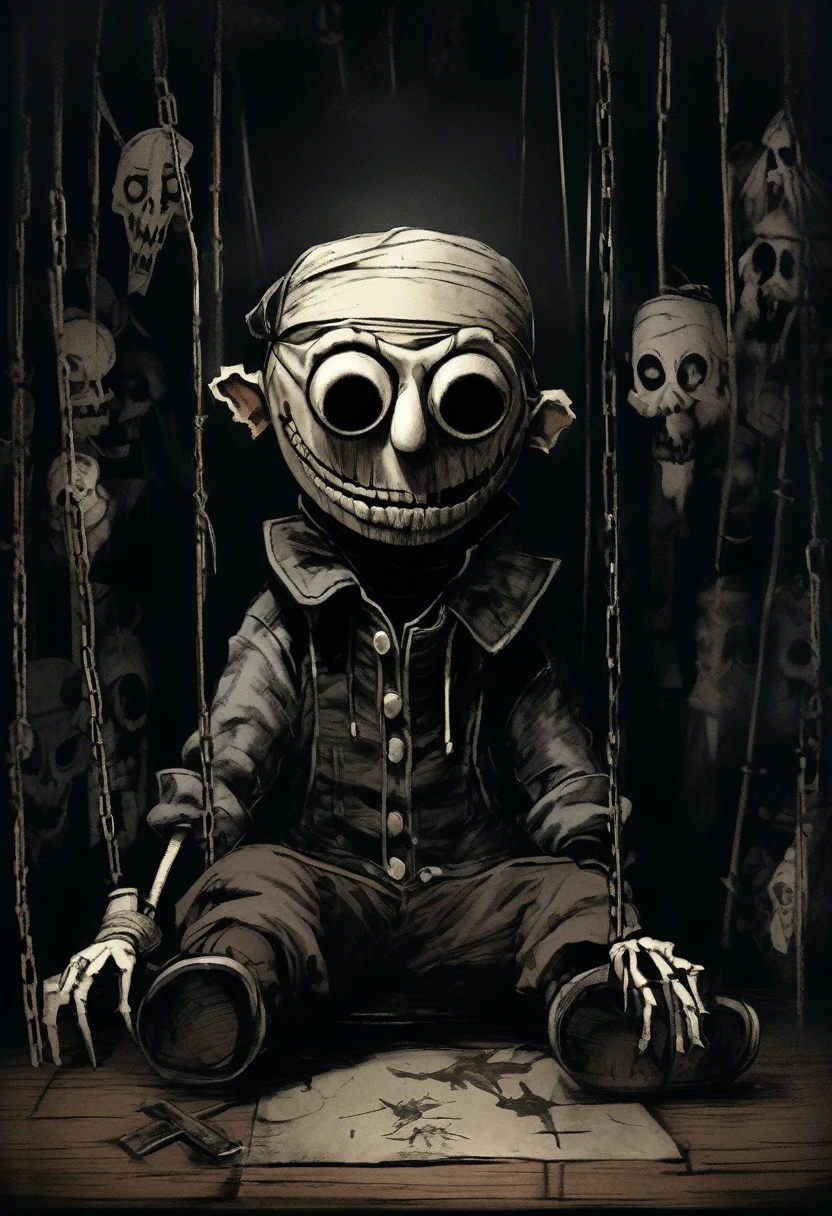 Carlson, personaje de dibujos animados de marionetas de cuento de hadas que vive en el techo. completely dark room, granoso, entorno inquietante, tono blanco oscuro. creepypasta: a rapper&#39;s vision from the shadows. estilo de charlie bowett, Albert José Penaud, Dariusz Zawadzki. tetsuya ishida. Zdzislaw Beksinski. Patrizia Piccinini. marca powell. sven 37.