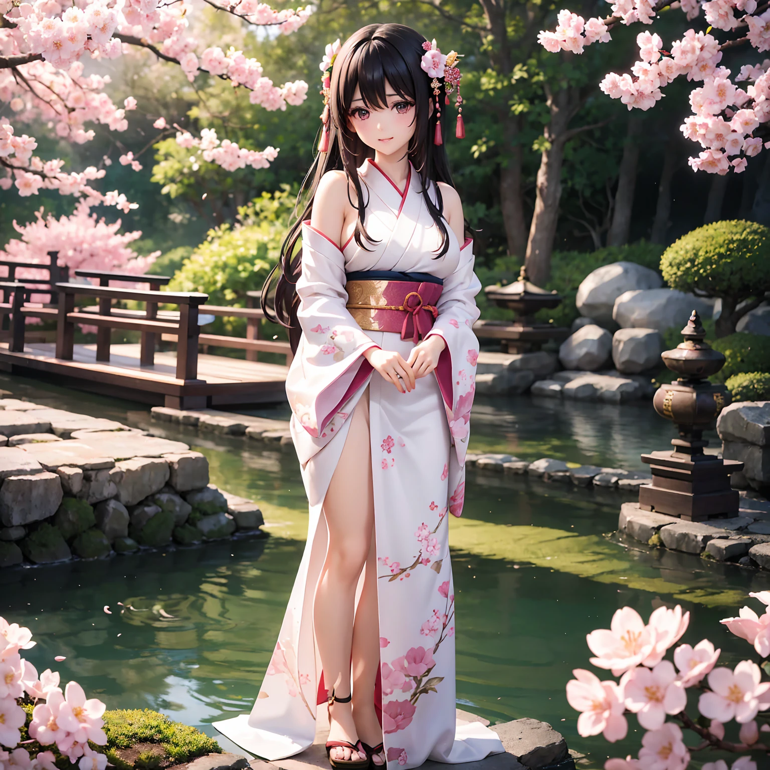 A stunningly beautiful 3d anime style realistic Japanese girl stands gracefully in a tranquil Japanese garden, her long, silky black hair flowing elegantly down to her waist. She is adorned in a luxurious orange kimono, intricately decorated with delicate floral patterns and shimmering gold embroidery that catches the light with every subtle movement. The kimono's vibrant hue contrasts beautifully with the lush greenery and delicate pink cherry blossoms that frame the sceneHer delicate porcelain skin glows with a soft, natural radiance, highlighting her serene and captivating features. Her almond-shaped eyes, deep and expressive, are framed by long, dark lashes and subtly accented by a hint of traditional makeup, reflecting both mystery and serenity. Her lips, a soft shade of pink, are slightly parted in a gentle, knowing smile that exudes grace and elegance.The garden around her is a haven of tranquility and beauty, with meticulously manicured bonsai trees, a gently flowing stream, and a quaint wooden bridge arching over the water. The air is filled with the sweet scent of cherry blossoms in full bloom, their petals drifting softly to the ground like a delicate pink snowfall.The scene is rendered in breathtakingly realistic 4K (or 8K) resolution, capturing every exquisite detail with stunning clarity. The texture of the kimono fabric, the intricate embroidery, and the natural beauty of her serene expression are all depicted with lifelike precision. The soft glow of her flawless skin, the delicate play of light and shadow, and the vibrant colors of the garden create a harmonious and captivating visual experience.In this serene and timeless setting, the beautiful Japanese girl embodies the essence of traditional elegance and cultural heritage, inviting the viewer to lose themselves in the enchanting world of Japanese beauty and artistry."