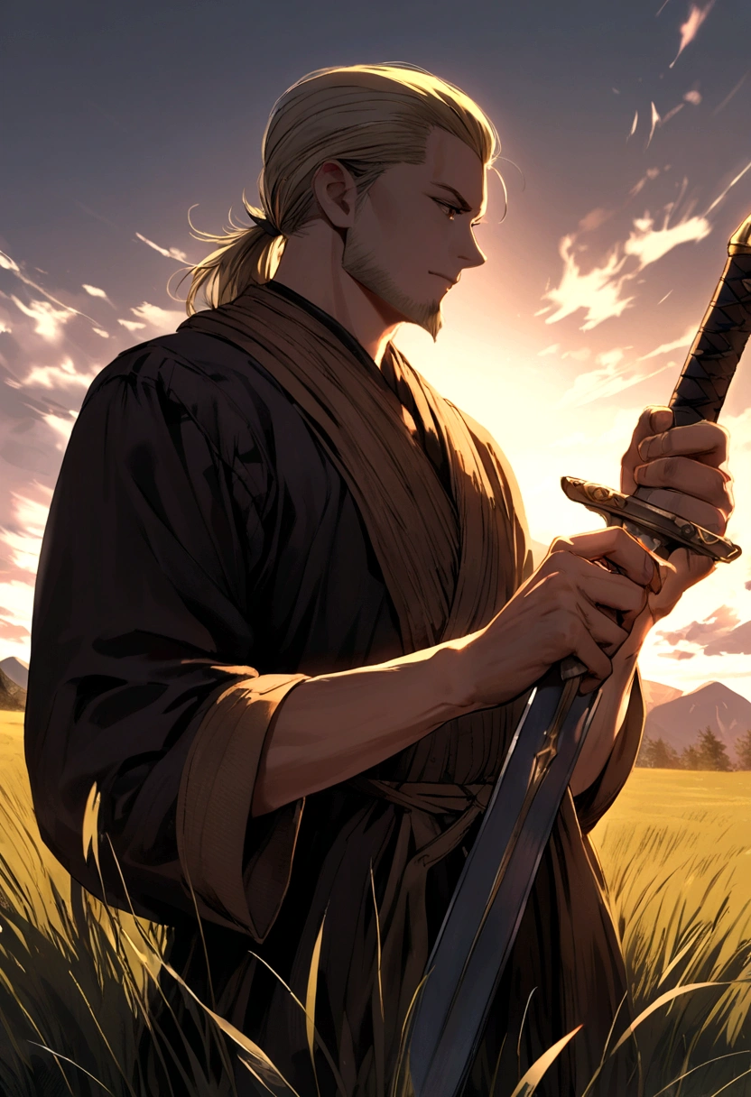 A warrior holding a sword in his right hand, slicked back blonde hair, he has a goatee beard, slightly looking down, in an open field with grass.