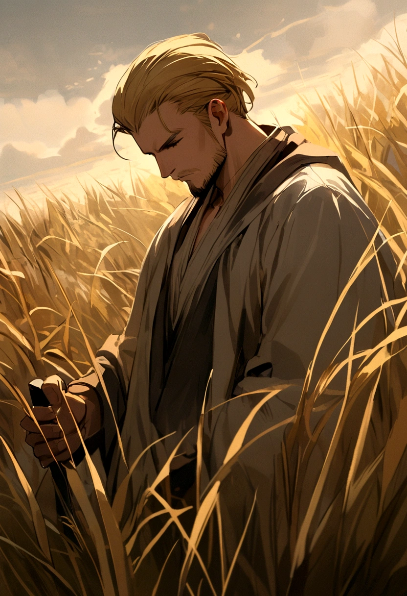 A warrior holding a sword in his right hand, slicked back blonde hair, he has a goatee beard, slightly looking down, in an open field with grass.