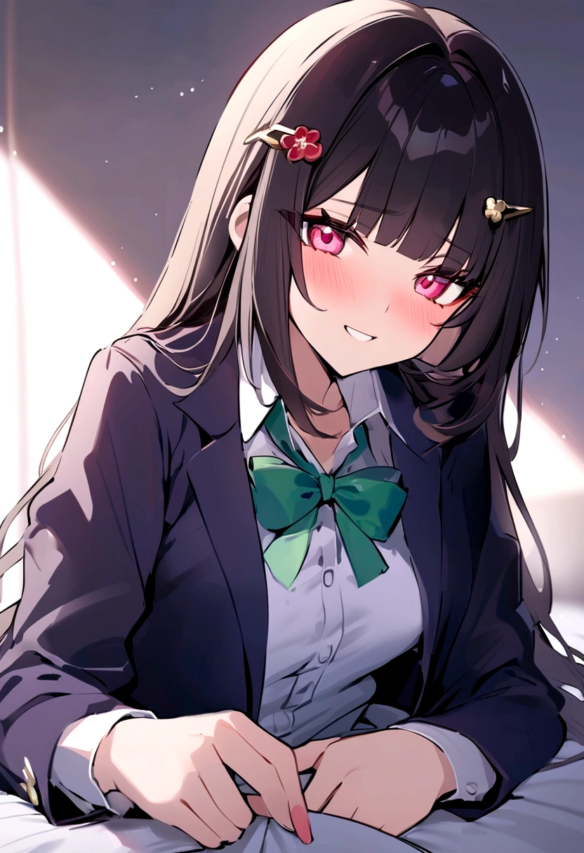masterpiece, highest quality,blazer,One Girl,honkai_(series), Simple_background, shirt, head_ribbon, Open_Jacket, green_ribbon, Side Lock, With collar_shirt,hair_ornament, hair_intake, honkai:_star_rail, ribbon, Jacket, black_Jacket,Open_Clothes, School_uniform, alone, hairclip,Bed,Open your mouth and stick out your tongue,Dripping saliva,