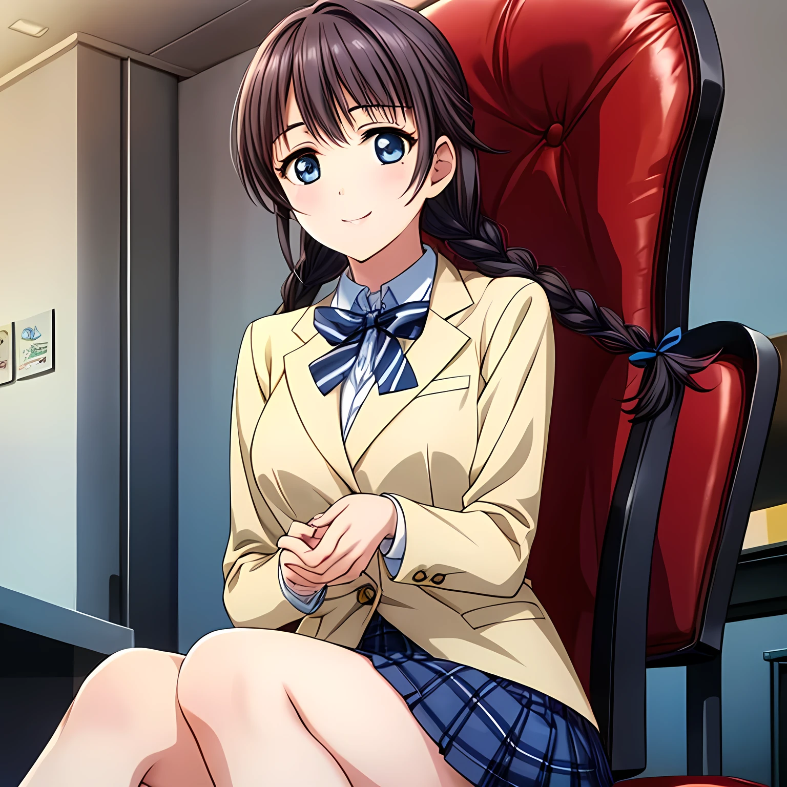 (highest quality, masterpiece:1.2), highest quality, High resolution, 1080p, 8K, Height: 158cm, High-definition anime-style CG, ((The game heroine is a very intelligent, very noble, pretty and neat beautiful girl sitting、Turning to the side and showing her best smile)), He tries to hide his shocked mouth with his hands., A face that everyone loves, Glossy lips, Even bangs, Double, Long eyelashes on both the top and bottom, Wide-open blue eyes, detailed in detail, The very large red shiny wide ribbon bowtie is very cute., ((Black Hair)), ((long twin braids)), (((A long, neat, dark navy blue checked pleated skirt))), (((Dark blue winter long sleeve blazer))), How to wear a neat uniform, Extremely lustrous, shiny game heroine lips, Mouth open, Ribbon in hair, Tight waist, slender, The ribbon is big and very pretty., Beautiful hair like a hair model, The background is dark, The hair is very shiny and realistic, The skirt is long and very photorealistic