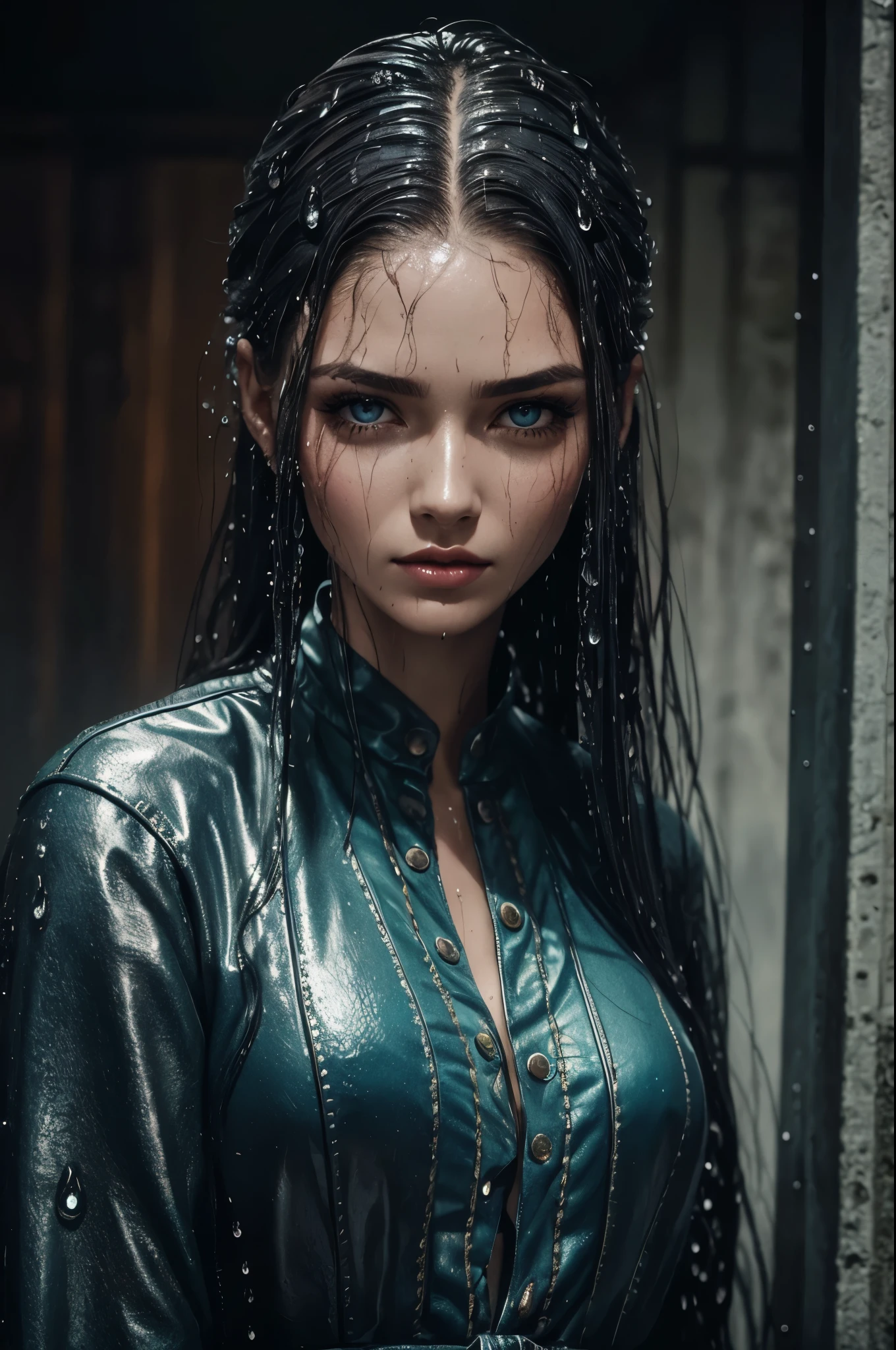a woman with wet hair combed back, wet skin, bold fashion makeup, water drops, extremely detailed skin texture, vignette, grainy texture, old photo, vintage colors, shot by Mschiffer