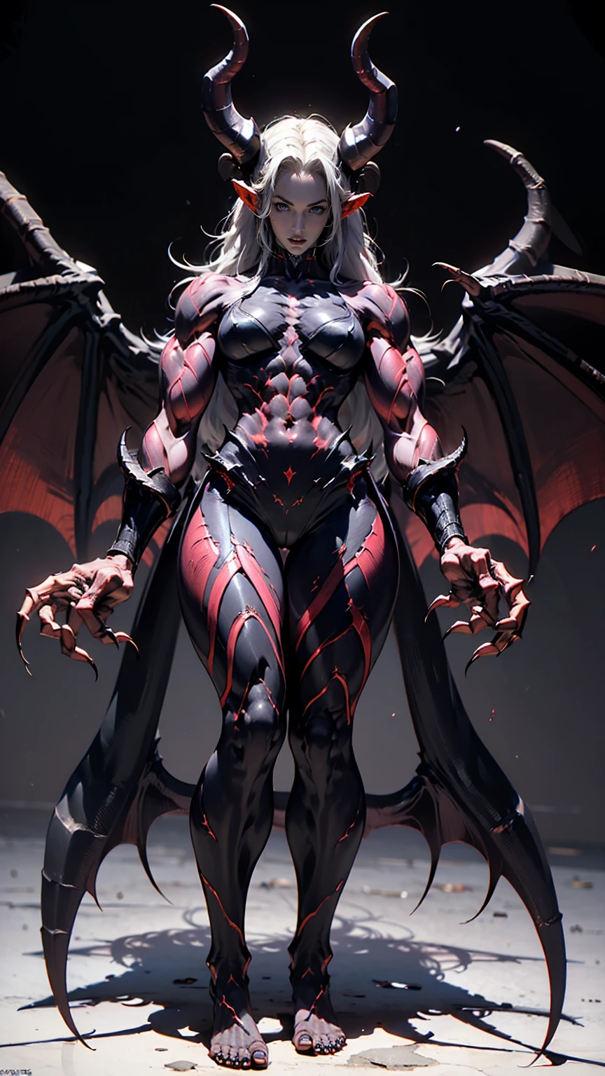 (megan fox), ((((((1 muscular demon girl)))))), (((huge upper body))), long hair, ((((huge demon wings))), (((pale skin))), (((sharp teeth, Huge horns, large nails))), navel, ((((full body front view)))), (((perfect hands, perfect fingers))), (((black empty background)))