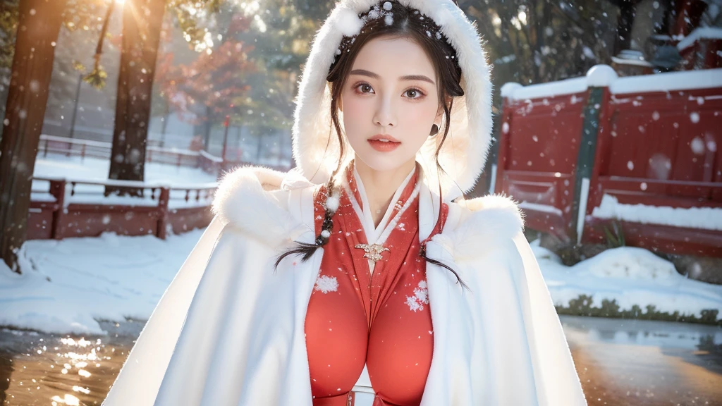 masterpiece, best quality, realistic, 8k, official art, cinematic light, ultra high res, 1girl, day, sunlight, light on face, huge breast, sexy, cleavage, (white hanfu), (Winter hanfu:1.2), (cloak:1.2), (snow:1.3),(upper body), open V chest,
French twist, jewelry ,necklace , Appalachian, nsfw, ((realistic detailed)), make up, sexy face, huge boobs
