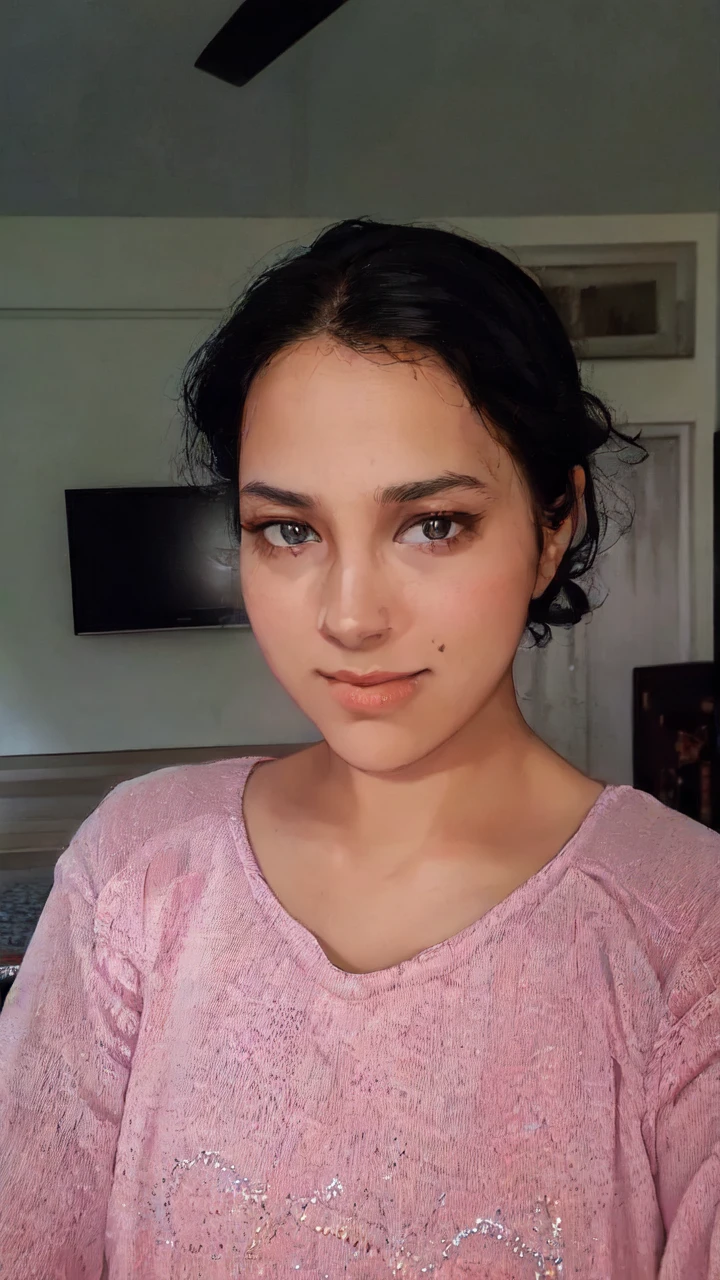 A young woman with a pink shirt and black hair is standing in front of a monitor or TV screen. The woman appears to be in her early twenties and has a feminine appearance. The photo also includes a picture or frame hanging on the wall in the background. The woman''s face is the main focus of the image, with her pink shirt standing out against the dark background. She has a neutral expression, with her eyes and mouth clearly visible. The overall color scheme of the image includes shades of pink, black, and brown.