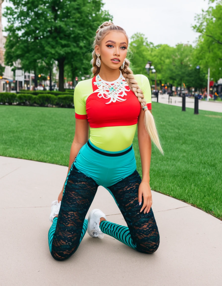 (best quality,4k,highres, highres face details), blonde long braided hair, 18 years old, instagram model, 36DD fake breast, fake lashes, makeup, perfect skin, tan skin, she is skinny, she is caucasian,she is wearing a pair of butt lifting leggins and a lace crop top, colorful outfit, pierce belly button, diamond belly piercing, gold necklace, diamond earring, diamond ring, whole body image, downtown, park, taking a pose, posing,random pose, she is taking random poses, sexy positions, sexual position, seductive poses, funny poses, no exposed breast, no exposed vagina