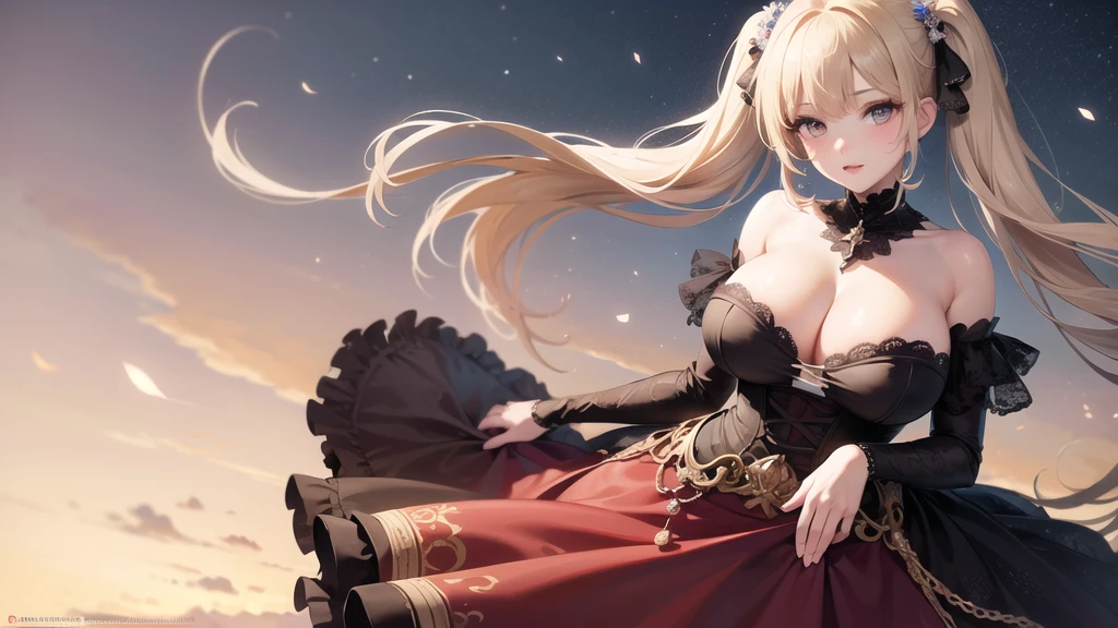 (((masterpiece, best quality))), (((superior quality))), cute girl, ((extremely detailed girl)), ((huge breasts)), (fancy noble dress), strapless top, twin-tail blonde, cleavage