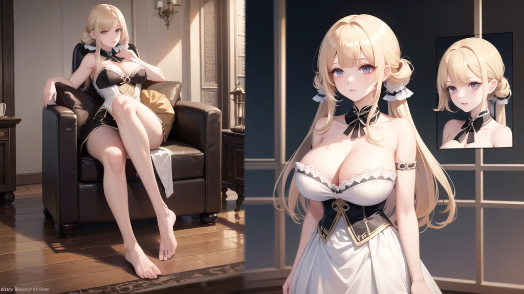 (((masterpiece, best quality))), (((superior quality))), cute girl, ((extremely detailed girl)), ((huge breasts)), (fancy noble dress), strapless top, twin-tail blonde, cleavage