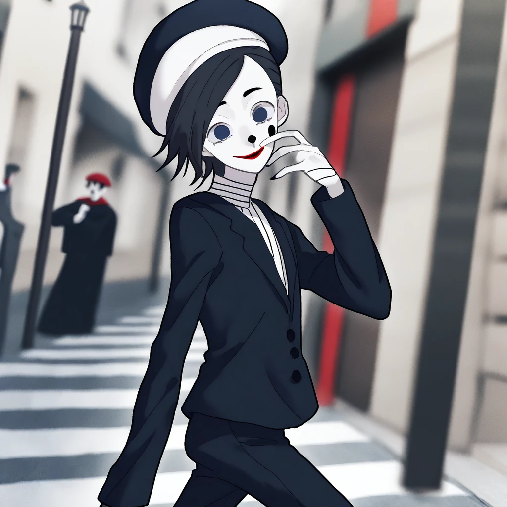 a very happy skinny boy dressed up as a mime, wearing mime makeup, has dark blue eyes, wearing a beret, performing on the streets