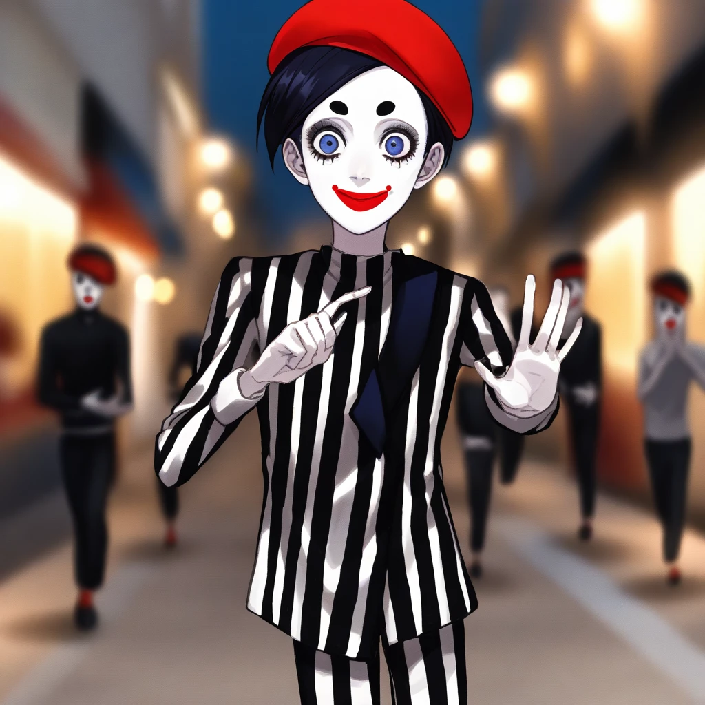 a very happy skinny boy dressed up as a mime, wearing mime makeup, has dark blue eyes, wearing a beret, performing on the streets