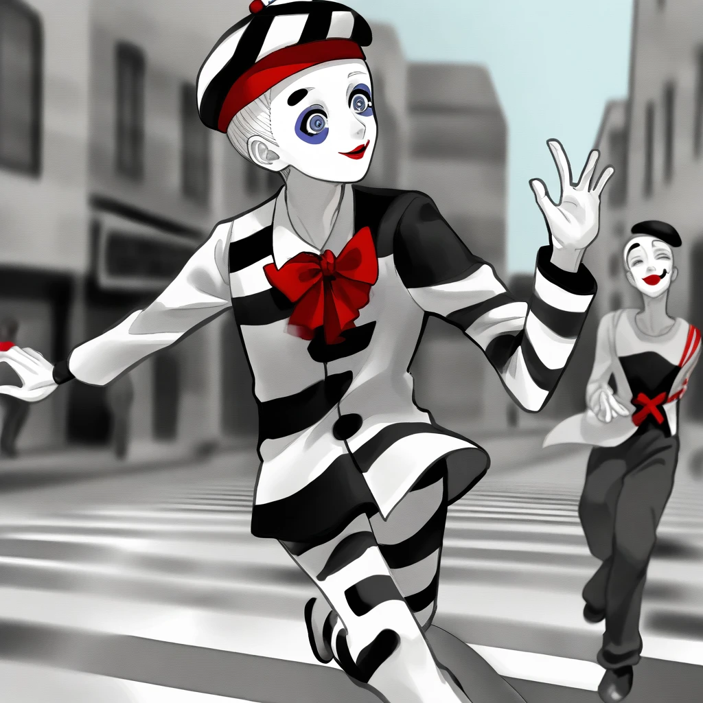 a very happy skinny boy dressed up as a mime, wearing mime makeup, has dark blue eyes, wearing a beret, performing on the streets