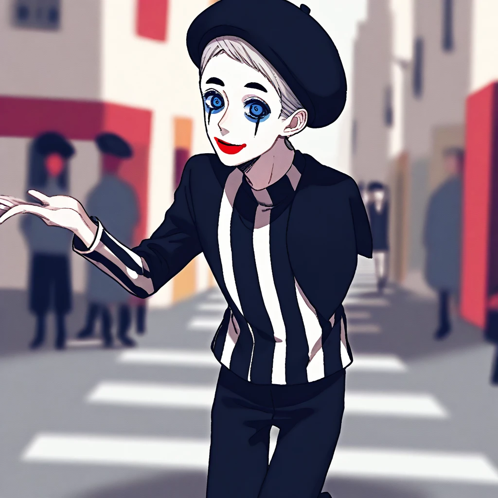 a very happy skinny boy dressed up as a mime, wearing mime makeup, has dark blue eyes, wearing a beret, performing on the streets