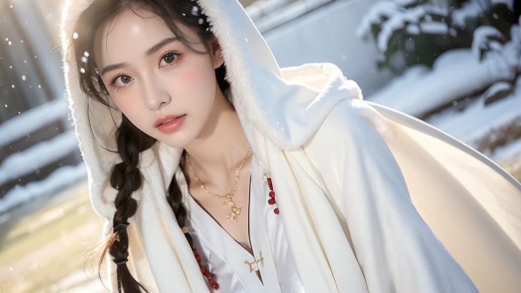 masterpiece, best quality, realistic, 8k, official art, cinematic light, ultra high res, 1girl, day, sunlight, light on face, huge breast, sexy, cleavage, (white hanfu), (Winter hanfu:1.2), (cloak:1.2), (snow:1.3),(upper body), open V chest, 
 French twist, jewelry ,necklace , Appalachian, nsfw, ((realistic detailed)), make up, sexy face