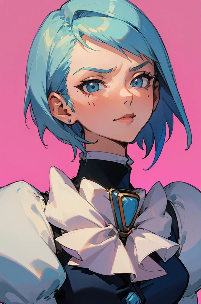 Franziska von karma, Cute, proud expression, arranging her hair, Pastel pink background, Short blue hair