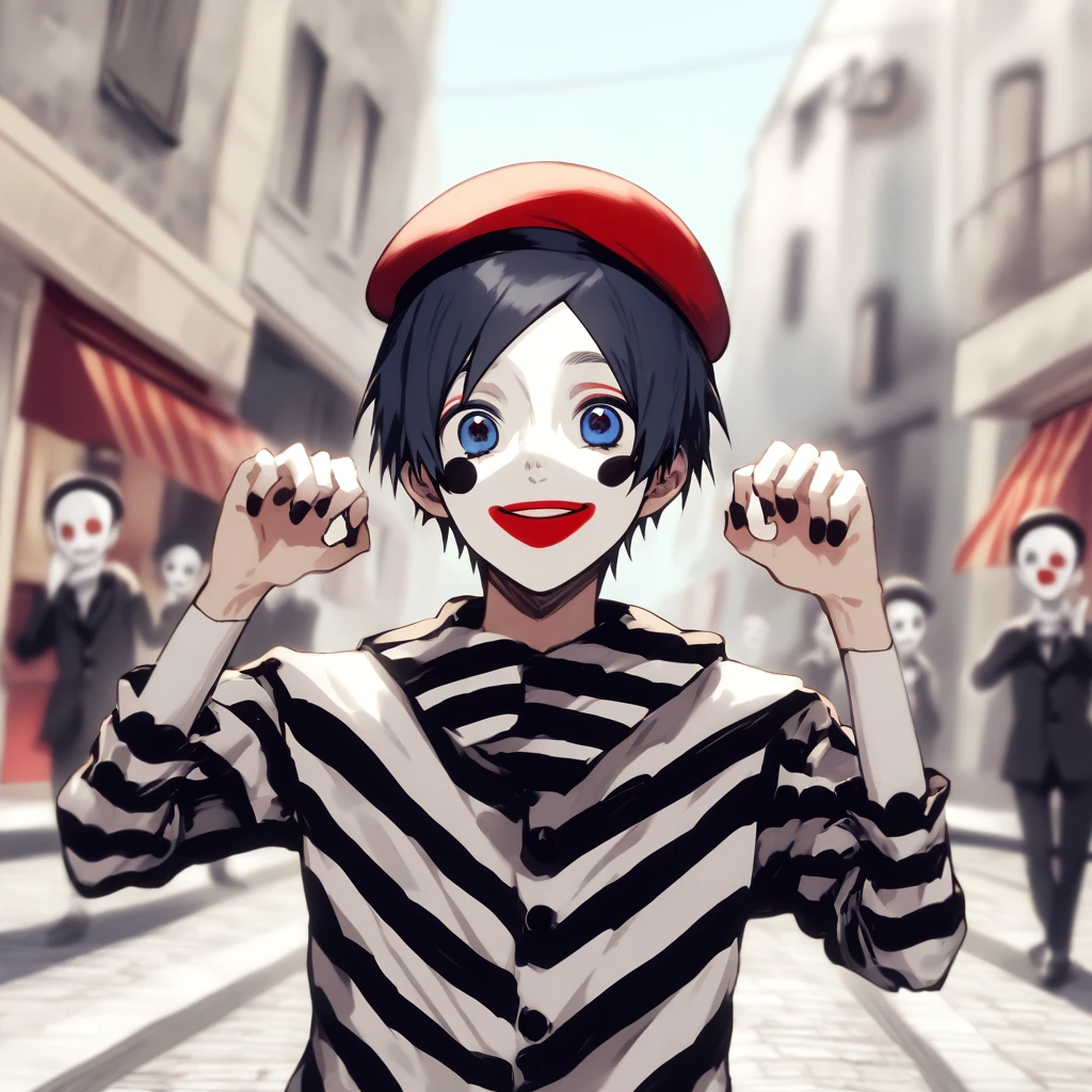 a very happy skinny boy dressed up as a mime, wearing mime makeup, has dark blue eyes, wearing a beret, performing on the streets