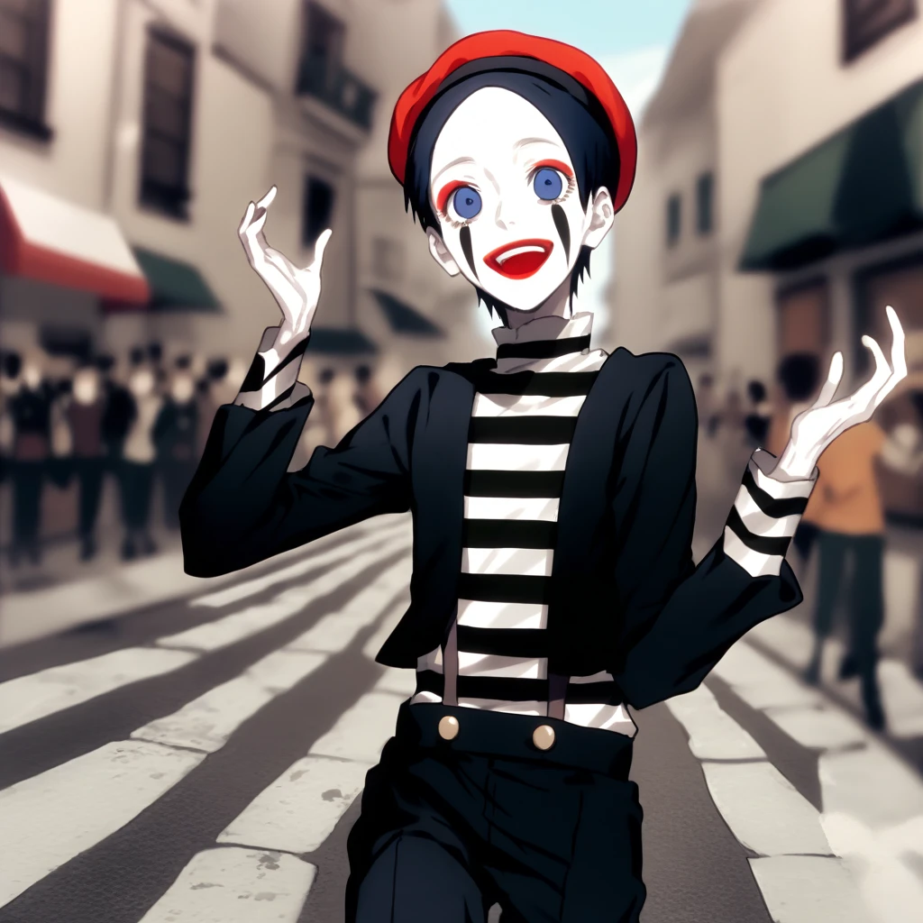 a very happy skinny boy dressed up as a mime, wearing mime makeup, has dark blue eyes, wearing a beret, performing on the streets