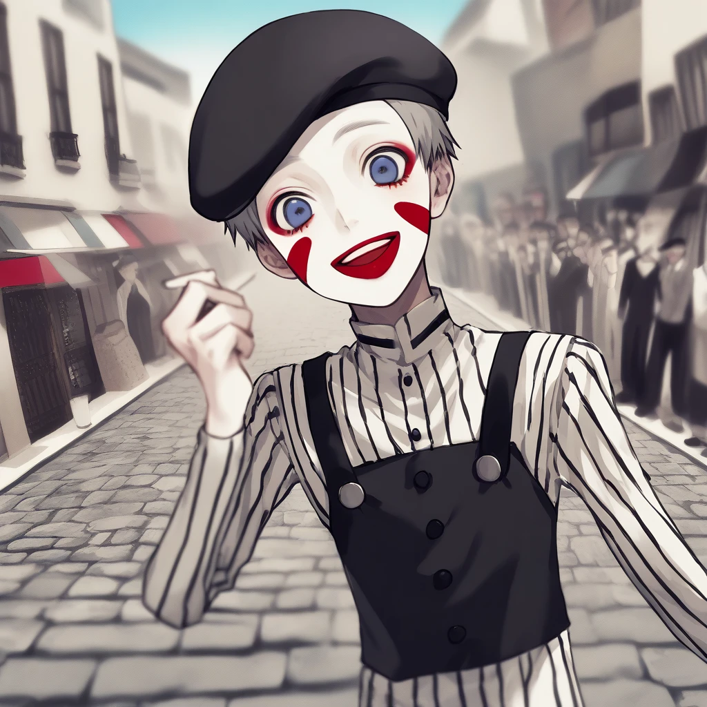 a very happy skinny boy dressed up as a mime, wearing mime makeup, has dark blue eyes, wearing a beret, performing on the streets