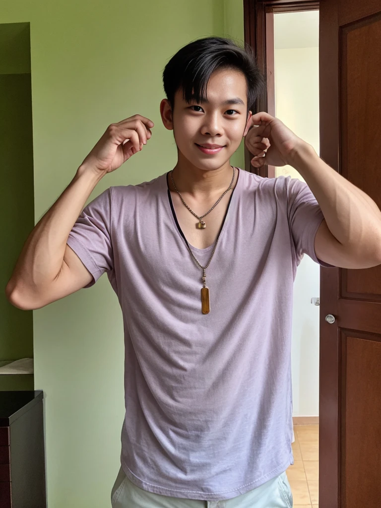 very super cute thai boy,lean body, 24 ages , wearing a shirt, necklace, at home olds,cool