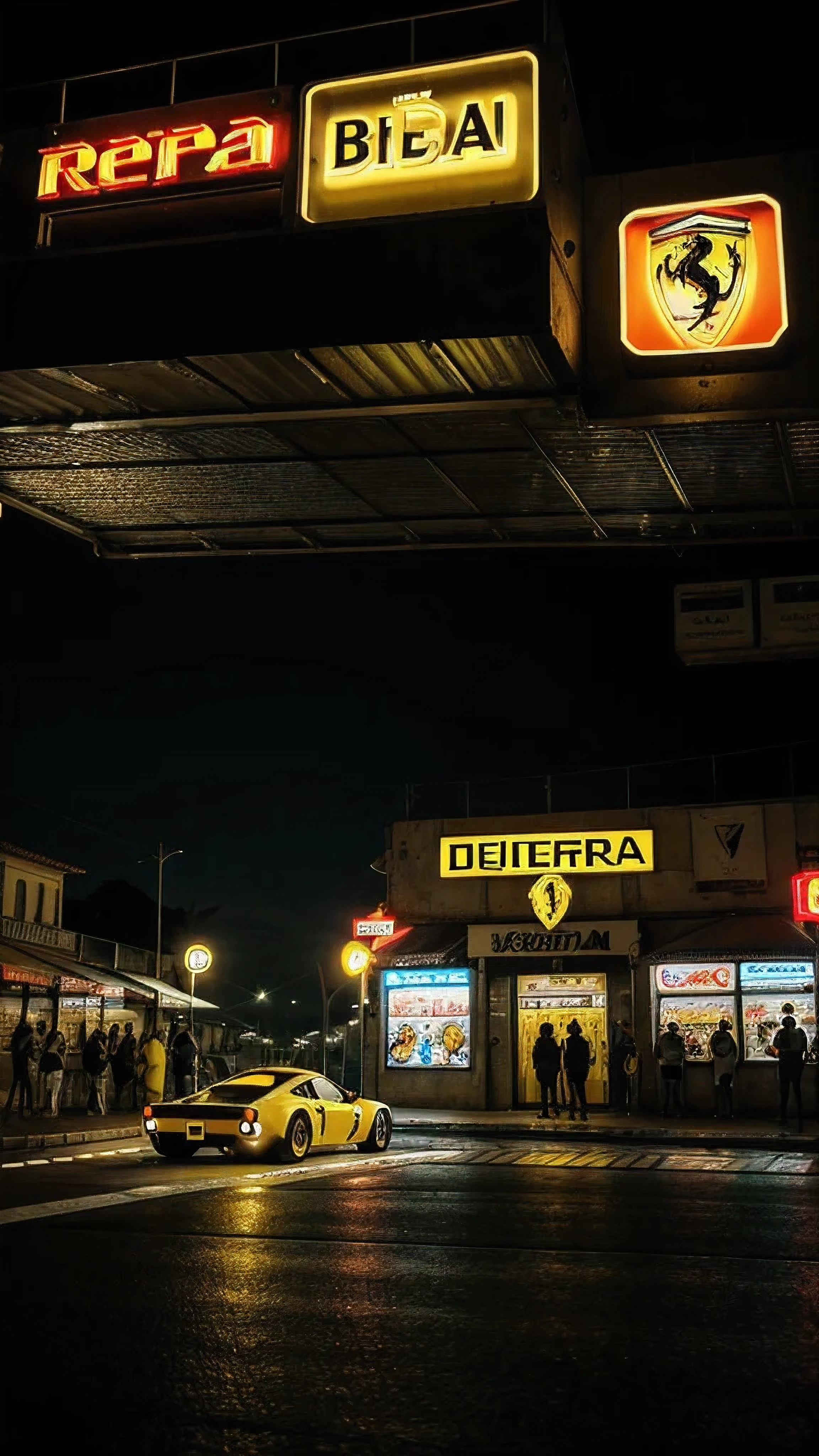 retroonda. cidade, ferrari, estrada, Yellow neon lights, montanha, (obra-prima, detalhada, highres), super detalhado, no girl