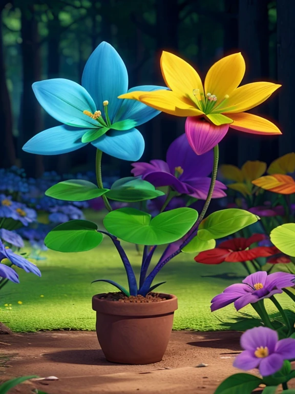 a plant with blue colored petals, amarillo, red green and purple in a magical forest