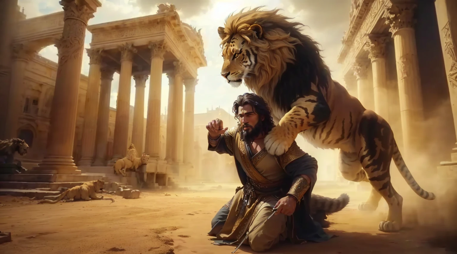 a man kneeling next to a lion in front of a building, biblical epic film, o homem cavalgando está nthe lion, epic biblical representation, epic scene of Zeus, Aslan, the lion, dramatic cinematic action, por Scott M. Fischer, photo manipulation, cena do filme live-action, ainda de um filme de fantasia, um mago lutando contra um tigre, Daniel