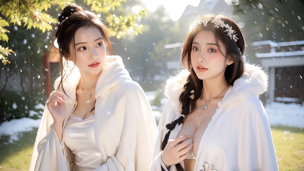 masterpiece, best quality, realistic, 8k, official art, cinematic light, ultra high res, 1girl, day, sunlight, light on face, huge breast, sexy, cleavage, (white hanfu), (Winter hanfu:1.2), (cloak:1.2), (snow:1.3),(upper body), open V chest, 
 French twist, jewelry ,necklace , Appalachian, nsfw, ((realistic detailed)), make up, sexy face, huge 