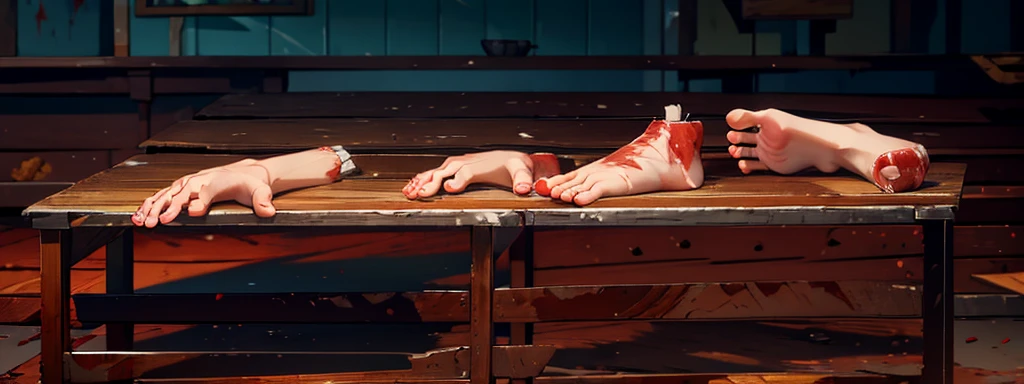 canibal market, human feet and hands meats, mutilated hands and feet on the wooden table, blood, human flesh, early morning time
