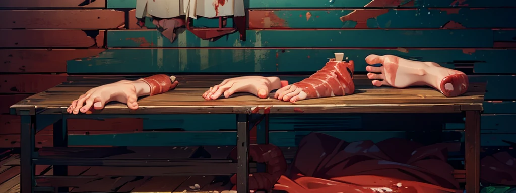 canibal market, human feet and hands meats, mutilated hands and feet on the wooden table, hands and feet whose skin has been peeled off, blood, human flesh, early morning time