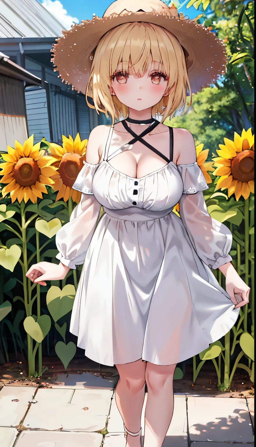 One Girl、Blonde、Shiina Mayu、positive、Standing posture、Full body portrait、Medium Haircut、blush、Absolute area、No panties、No bra、barefoot、White dress、Off-the-shoulder dress、（Very large breasts）、Cleavage、((Lesbians around the world))、masterpiece、（highest quality）、barefoot、((White high heels))、Bare your breasts、sunflower、Outdoor、Very short skirt、Thighs、Straw hat、((Exposing the breasts))、((Bare your breasts))、((Showing nipples))