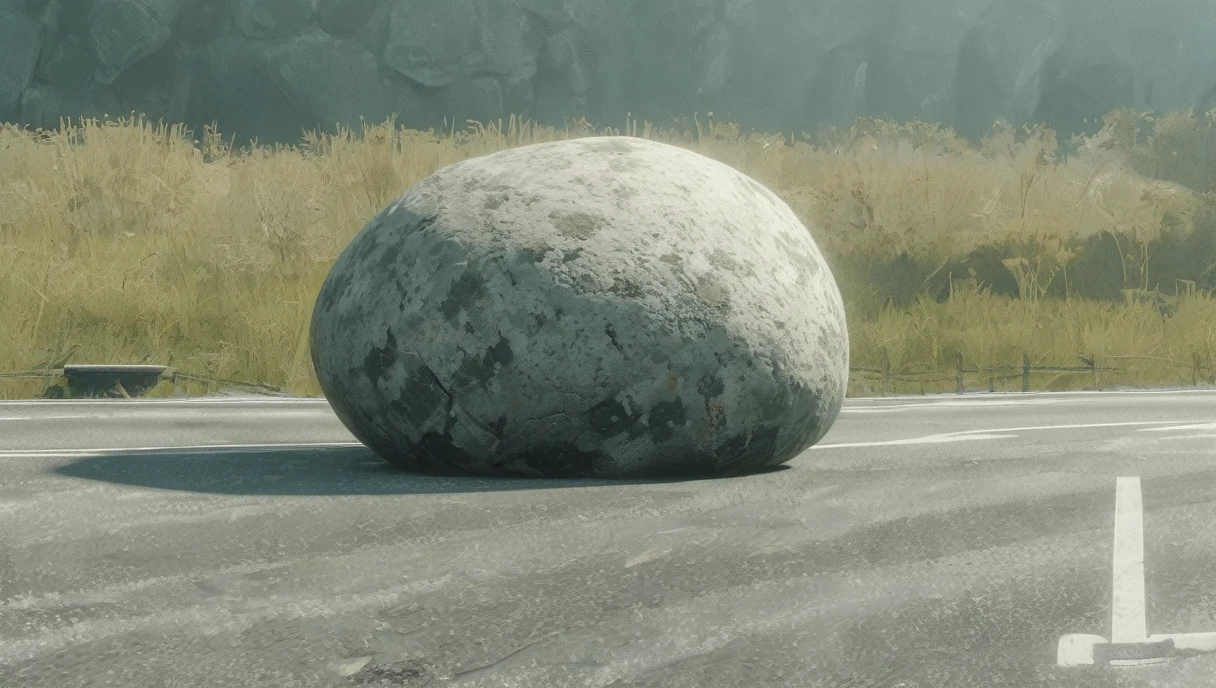 Illustration of a big round rock blocking the road、forest