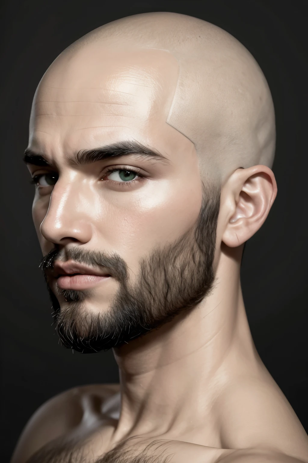 Quiropraxista, branco, bald with shaved head, barba preta bem desenhada, olhos verdes, atendendo um paciente