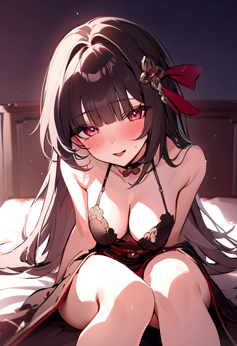 masterpiece, highest quality,One Girl,honkai_(series), Simple_background,head_ribbon,in, 髪clip,Bed,underwear