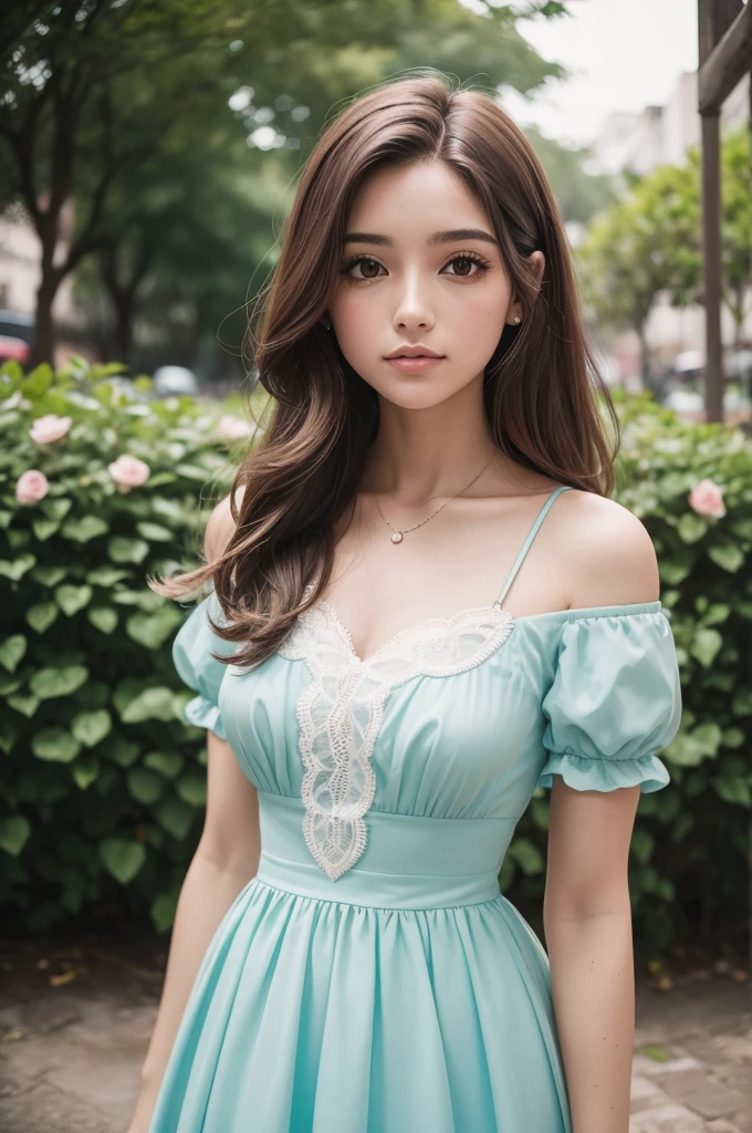 8K, Foto CRU, Fujifilm, foto de estilo de uma bela jovem como Avril em um jardim de rosas cor de rosa claro (pele altamente detalhada: 1.2) Estilo-Petal BREAK cabelo curto, cabelo loiro com mechas coloridas, vestindo um vestido, film grain, 35mm, estilo fofo