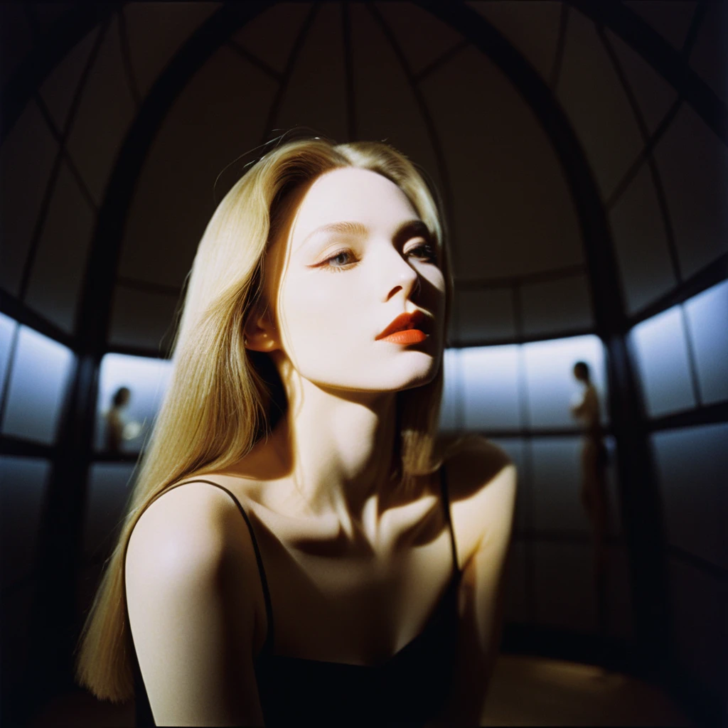 Photograph by Serge Lutens (1.8), pale skin, evil slavic woman, long dark blond hair, in profile, wide angle dim atmosphere, stunning, modern, dark, clean, artsy indoor surrounding, casting a dreamlike atmosphere eyes reflect some light, Shiseido-style Vogue-Style 1990s style and setting Various gentle half body poses and angles Consistent facial and body features Photorealistic and highly detailed Artistic and evocative High-quality finish Ensuring vibrant, detailed features Technical details: wide angle lens Selective focus with Kodak film effect: 1.2 Shallow depths of field