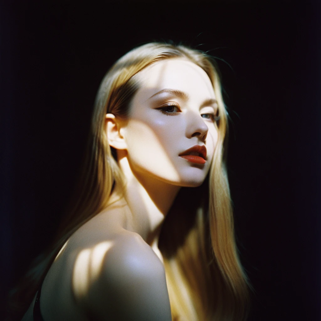 Photograph by Serge Lutens (1.8), pale skin, evil slavic woman, long dark blond hair, in profile, wide angle dim atmosphere, stunning, modern, dark, clean, artsy indoor surrounding, casting a dreamlike atmosphere eyes reflect some light, Shiseido-style Vogue-Style 1990s style and setting Various gentle half body poses and angles Consistent facial and body features Photorealistic and highly detailed Artistic and evocative High-quality finish Ensuring vibrant, detailed features Technical details: wide angle lens Selective focus with Kodak film effect: 1.2 Shallow depths of field