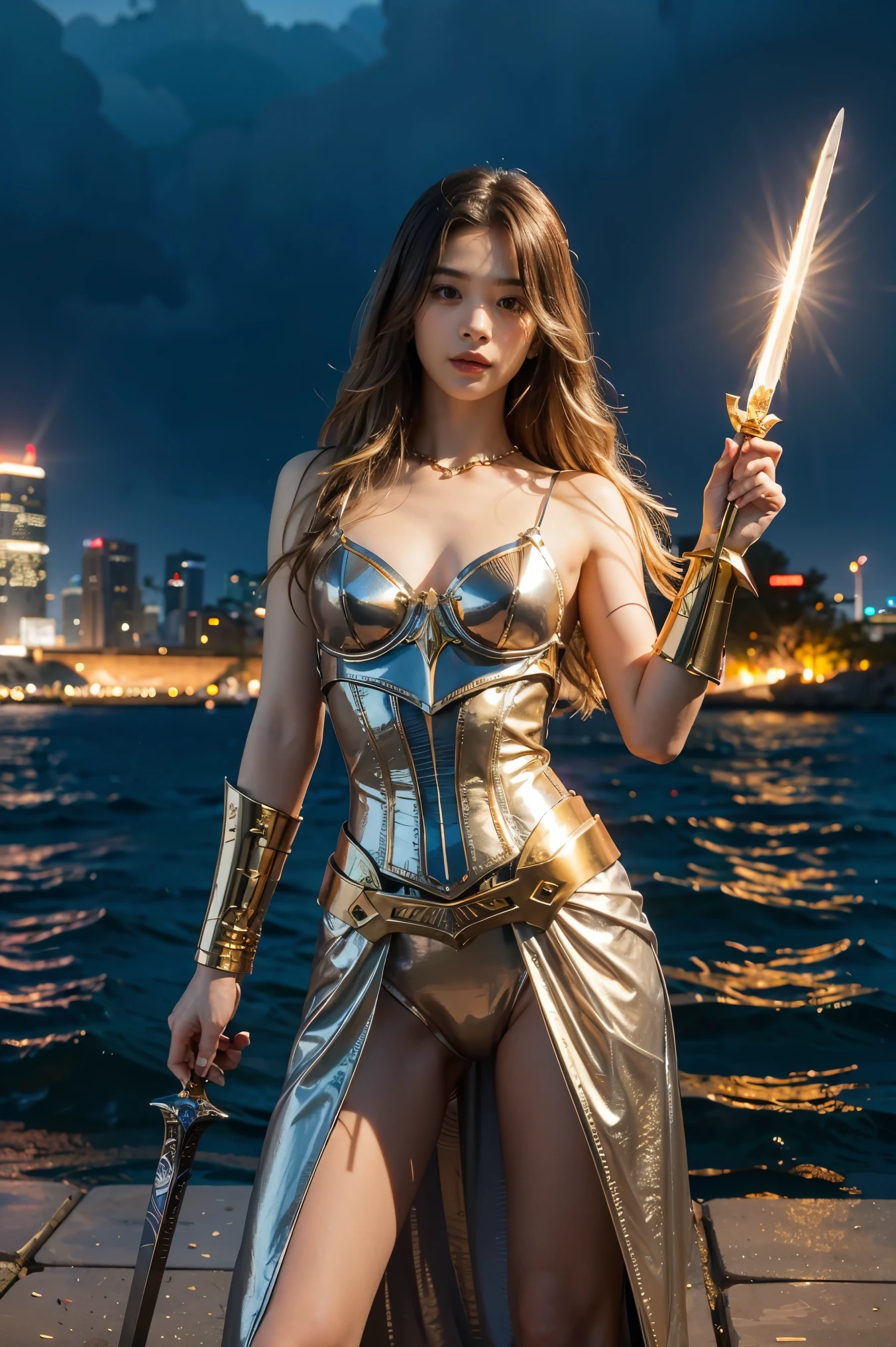 (masterpiece, best quality), A paladin holding a light infused sword, light magic, divine, magewave, silver and gold, 4k, dark cityscape, Fujifilm