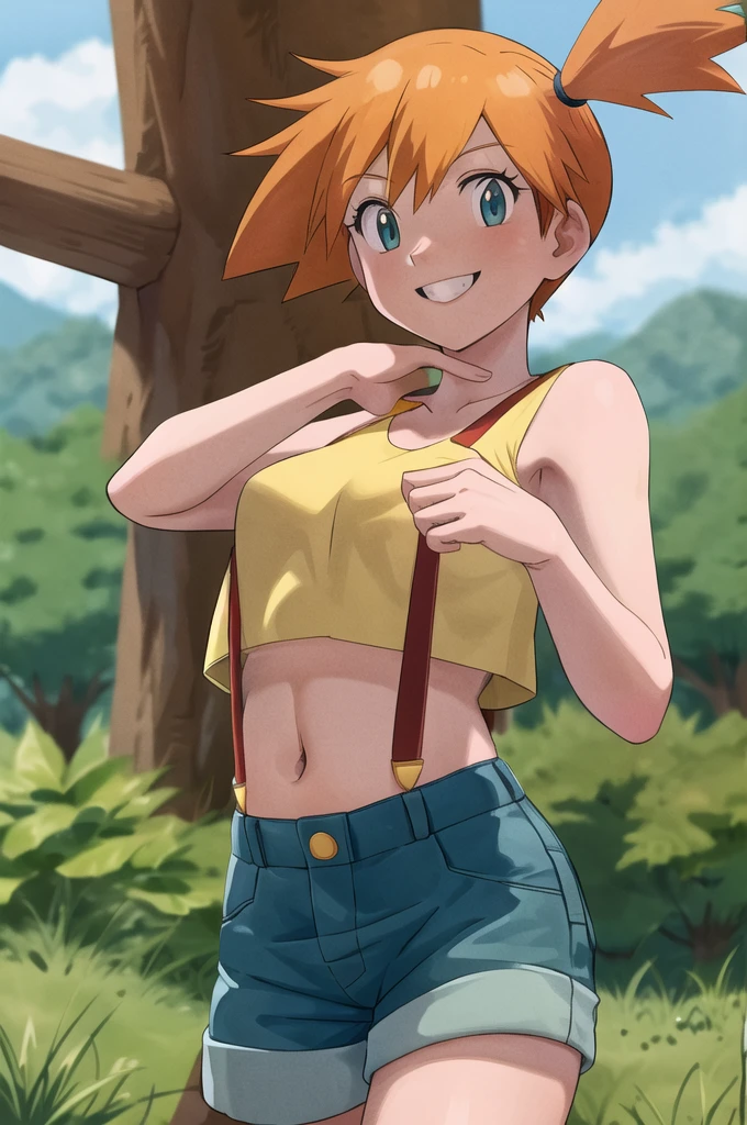 masterpiece, best quality, highres, 1girl, misty (pokemon), orange hair, solo, shorts, suspenders, side ponytail, orange hair, midriff, yellow crop top, navel, short hair, denim, denim shorts, smile, cowboy shot, standing, peace_sign, outdoors, hyper-pregnant 