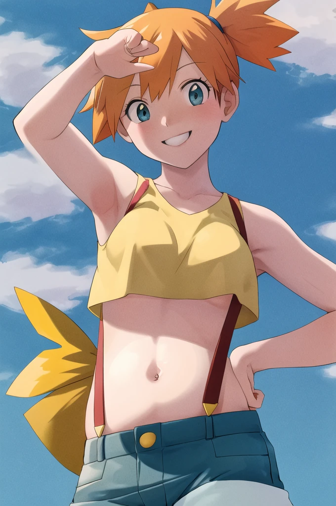 masterpiece, best quality, highres, 1girl, misty (pokemon), orange hair, solo, shorts, suspenders, side ponytail, orange hair, midriff, yellow crop top, navel, short hair, denim, denim shorts, smile, cowboy shot, standing, peace_sign, outdoors, hyper-pregnant 