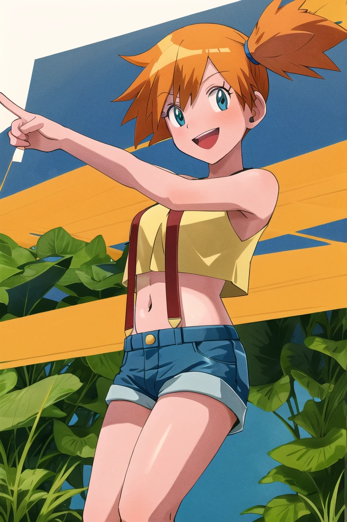 masterpiece, best quality, highres, 1girl, misty (pokemon), orange hair, solo, shorts, suspenders, side ponytail, orange hair, midriff, yellow crop top, navel, short hair, denim, denim shorts, smile, cowboy shot, standing, peace_sign, outdoors, hyper-pregnant 