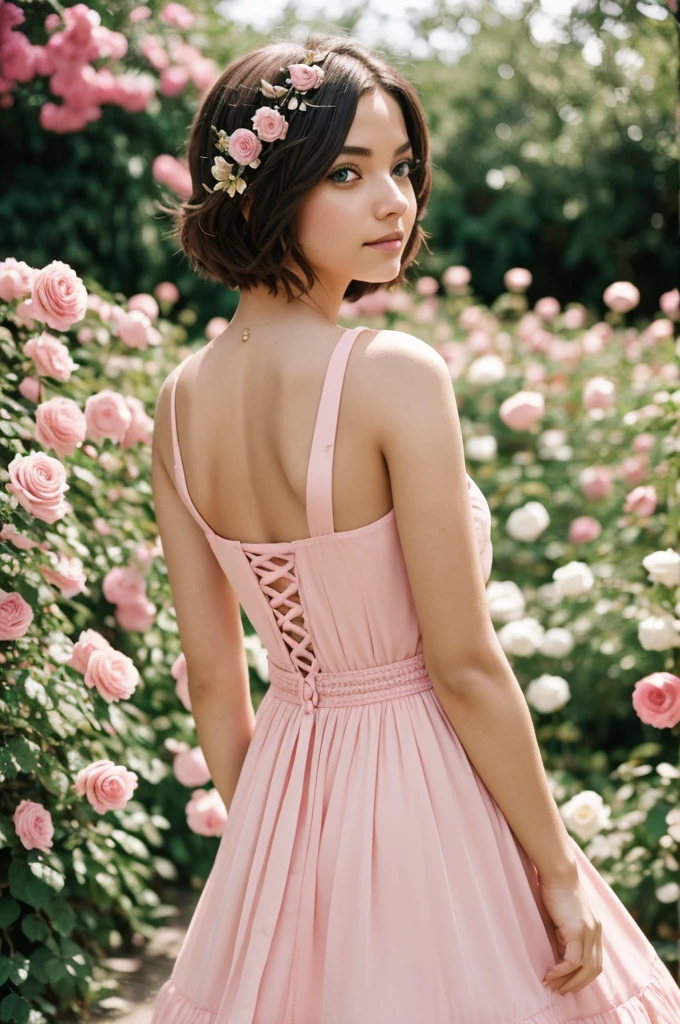 8K, foto cruda, fujifilm, Style photography of a beautiful young girl like Avril in a light pink rose garden. (piel muy detallada: 1.2) Style-Petal BREAK short hair, cabello rubio con mechones de colores, usando un vestido, film grain, 35mm, lindo estilo