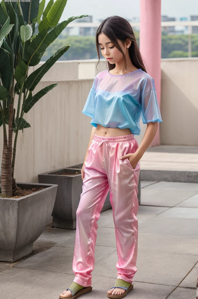 Simple night suit,tshirt and pant in Organza Fabric standing properly mix rainbow colour yellow, blue ,pink colour in tshirt and pant full body pic cute girl make pic realistic standing straight in pic. Cute indian girl, white plain background