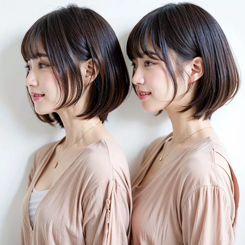 table top、highest quality、figure、 super detailed、High resolution、8K wallpaper beautiful detailed eyeedium hair、natural color lip、smile、Harajuku、a 30-year-old girl、cute、No chest、white wall、Taken in front of the white door、(A room with a white wall and a window)、Versatile poses、break (Ombre:1.3) 、simple necklace、Spring clothes、pastel long sleeve dress、(Beautiful profile:1.3)、Don't look at the camera、profile、shortcut、short hair