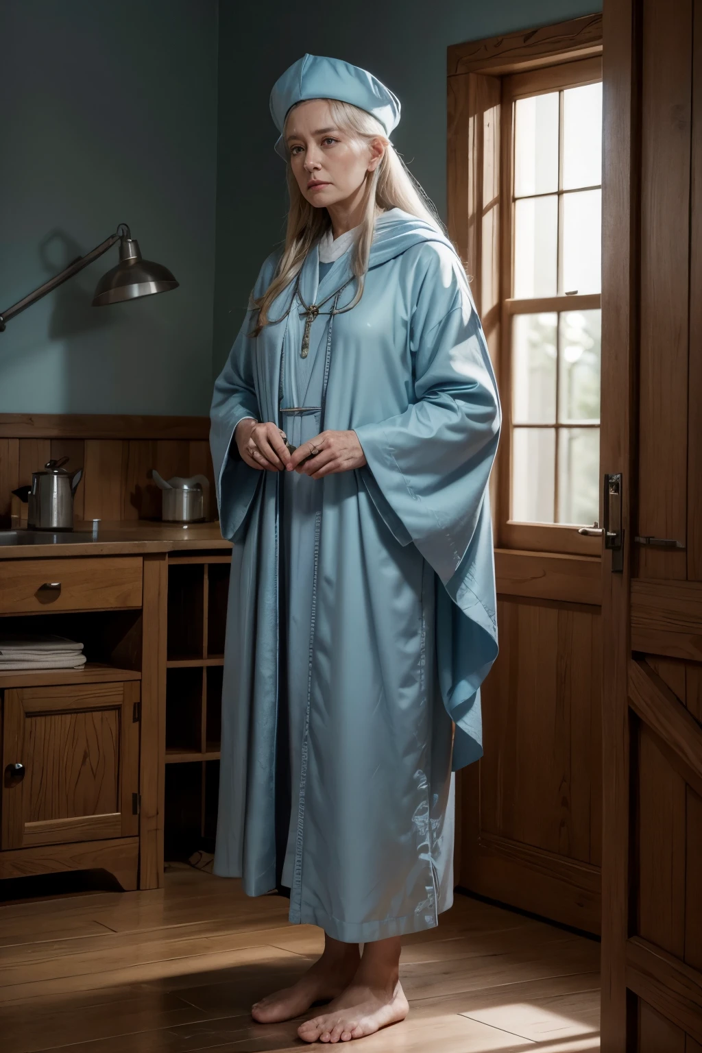 make an elderly cleric in traditional light blue robes