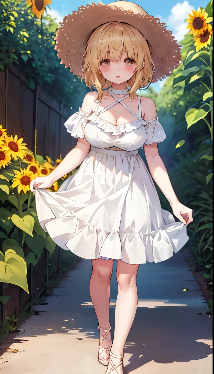 One Girl、Blonde、Shiina Mayu、positive、Standing posture、Full body portrait、Medium Haircut、blush、Absolute area、No panties、No bra、barefoot、White dress、Off-the-shoulder dress、（Very large breasts）、Cleavage、((Lesbians around the world))、masterpiece、（highest quality）、barefoot、((White high heels))、Bare your breasts、sunflower、Outdoor、Very short skirt、Thighs、Straw hat、((Exposing the breasts))、((Bare your breasts))、((Showing nipples))