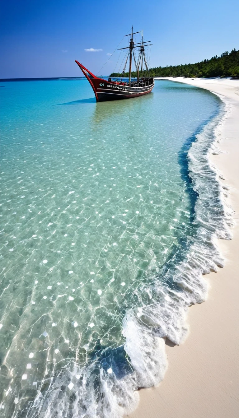 a beach with white sand and crystal clear water brocken ship at beach