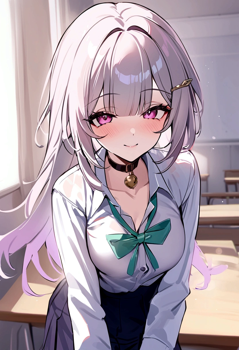 masterpiece, highest quality,One Girl,honkai_(series),shirt, head_ribbon,green_ribbon, Side Lock,With collar_shirt, smile, hair_ornament, hair_intake, honkai:_star_rail, ribbon, Open_Clothes, School_uniform, alone, hairclip,nsfw,White classroom,shirtを脱ぐ,