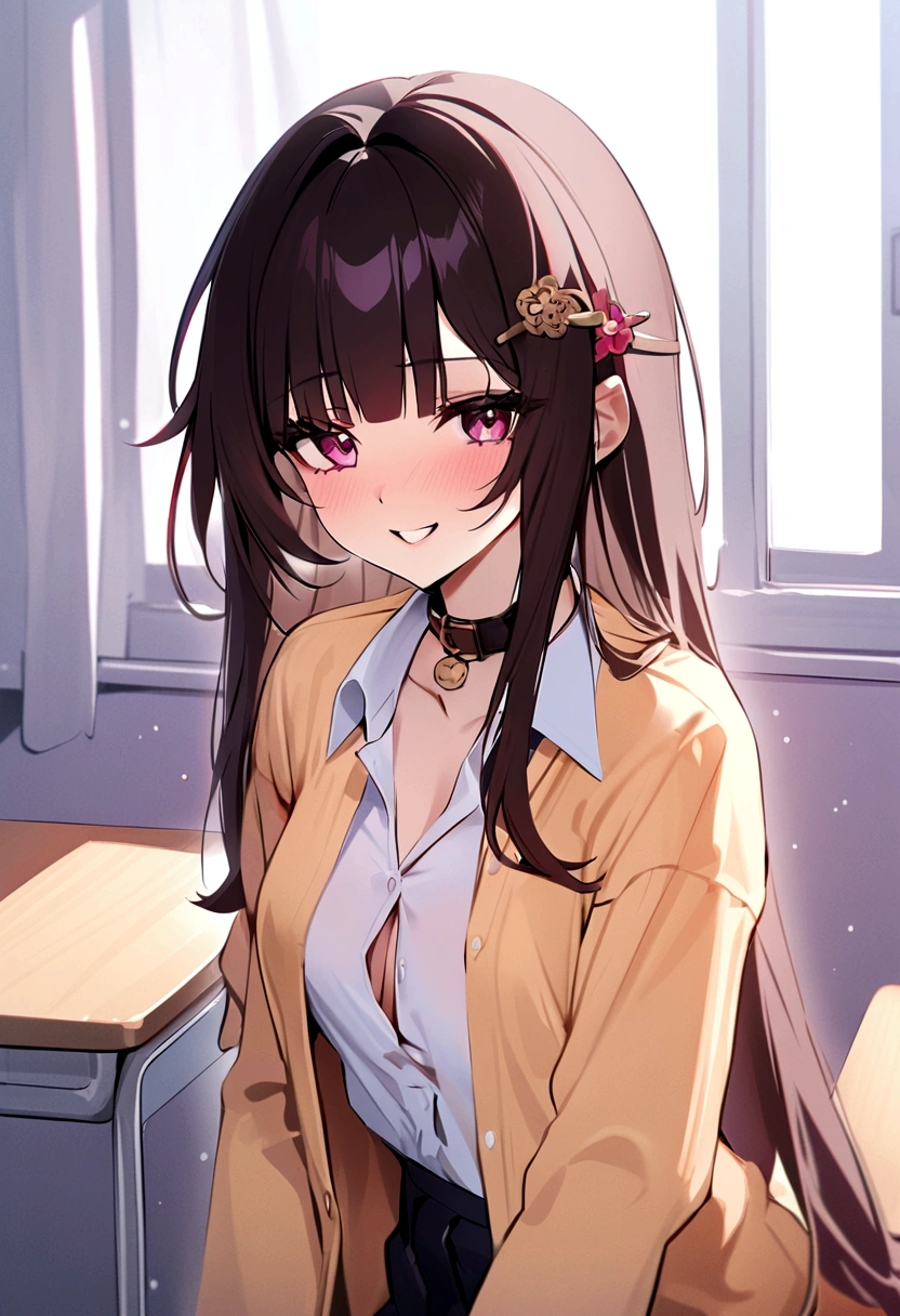 masterpiece, highest quality,One Girl,honkai_(series),shirt, head_ribbon,green_ribbon, Side Lock,With collar_shirt, smile, hair_ornament, hair_intake, honkai:_star_rail, ribbon, Open_Clothes, School_uniform, alone, hairclip,nsfw,White classroom,shirtを脱ぐ,