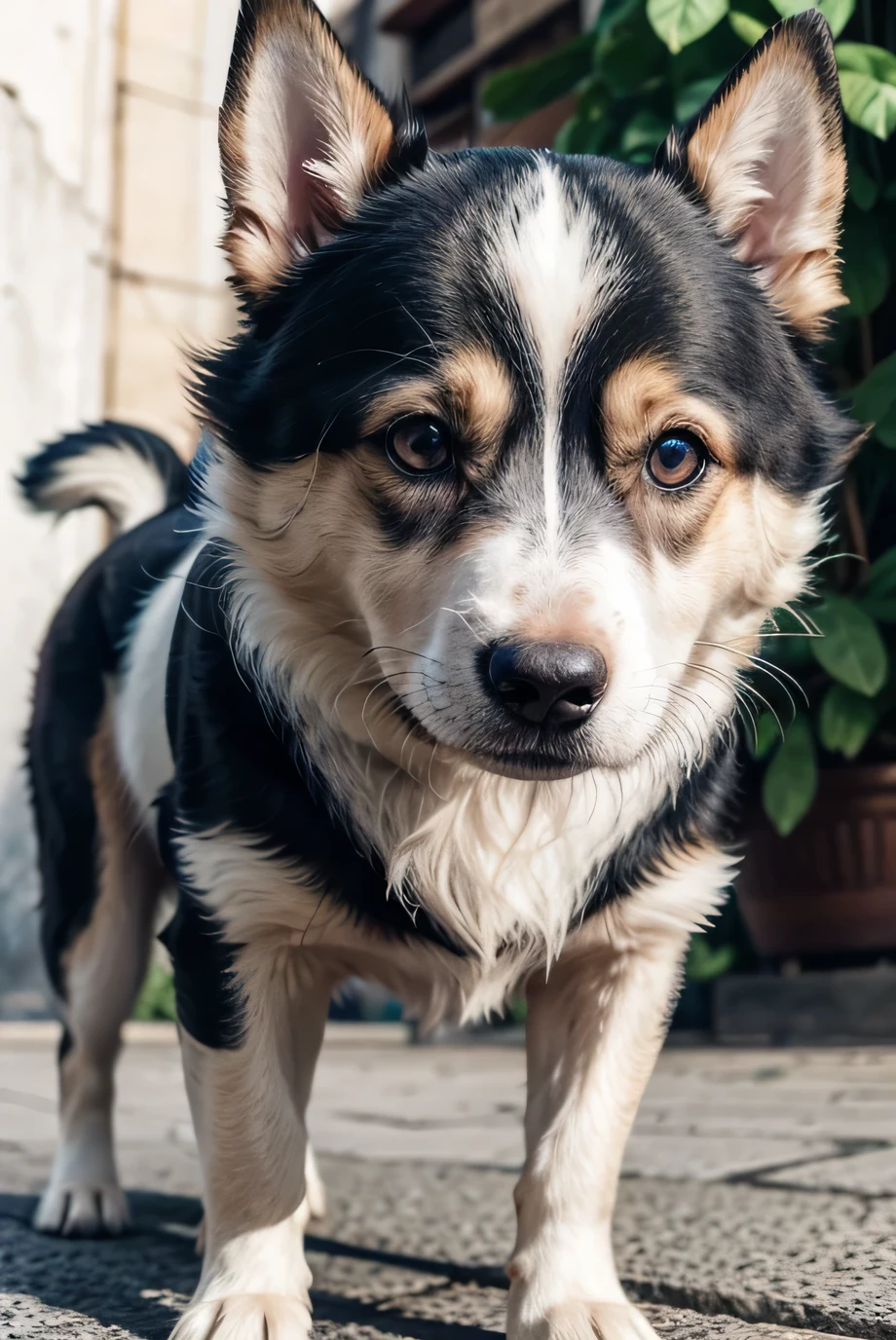 perro bicolor con ojos azules y vestido rosa